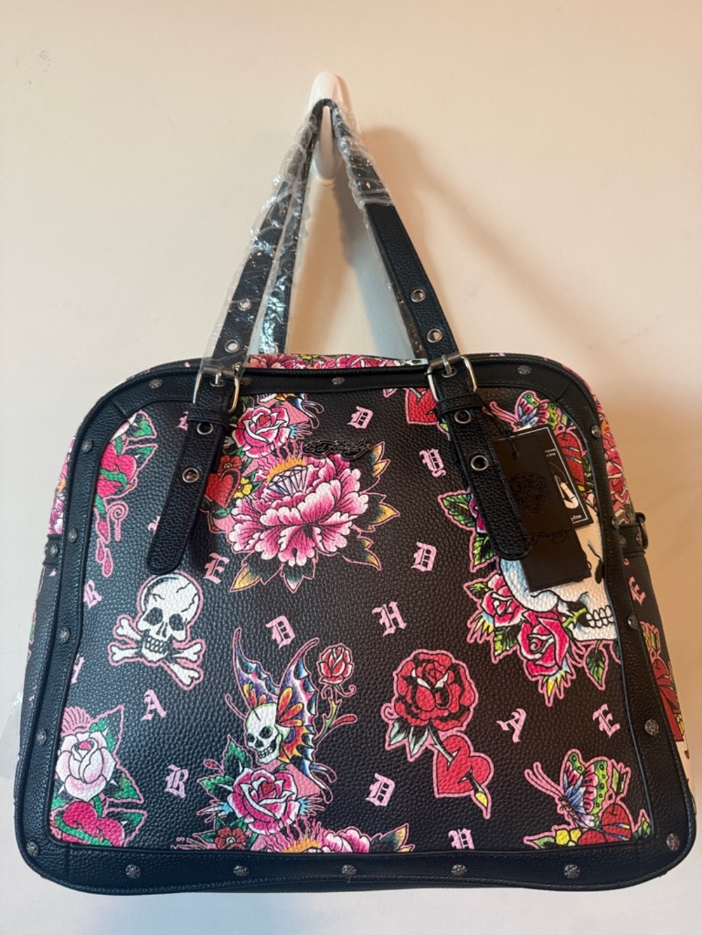 Ed Hardy Black Tote with Pink Floral & Skull Print